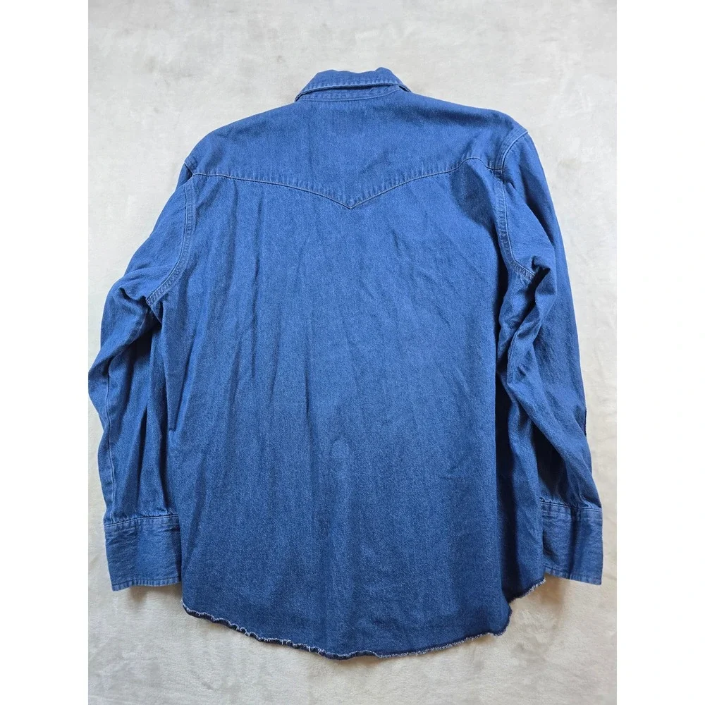 Wrangler Denim Western Shirt Mens XL Blue Jean Cotton Pearl Snap Raw Hem